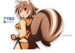  animal_ears antenna_hair artist_name blazblue blush breasts brown_hair character_name fingerless_gloves gloves looking_back makoto_nanaya medium_breasts miniskirt mirano orange_skirt red_eyes short_hair sideboob skirt solo squirrel_ears squirrel_tail tail underboob watermark web_address 