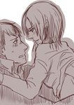  1boy 1girl bertholt_fubar bertolt_hoover blush eye_contact freckles looking_at_another lowres monochrome shingeki_no_kyojin short_hair sweatdrop ymir_(shingeki_no_kyojin) 