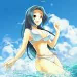  :d ahoge bikini blue_hair bokkotebukuro breasts cleavage cloud day idolmaster idolmaster_(classic) large_breasts long_hair miura_azusa navel ocean open_mouth red_eyes sky smile solo swimsuit wading water white_bikini 