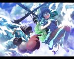  backpack bag blue_eyes blue_hair boots convenient_leg flying hair_bobbles hair_ornament hat kawashiro_nitori open_mouth rubber_boots short_hair sky solo touhou two_side_up wrwr 