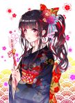  1girl arrow back_bow bangs bell black_kimono blunt_bangs bow breasts colored_stripes commentary_request eyebrows_visible_through_hair floral_background flower frilled_bow frills hair_bow hair_flower hair_ornament hamaya holding_arrow japanese_clothes jingle_bell kimono long_sleeves looking_at_viewer multicolored multicolored_eyes multicolored_hair obi original own_hands_together parted_lips pink_eyes ponytail print_kimono red_bow red_flower red_hair sash sidelocks soen solo striped striped_bow tassel two-tone_hair wide_sleeves yellow_bow yellow_eyes 