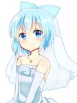  alternate_costume bare_shoulders blue_eyes blue_hair blush bow bridal_veil bride cirno dress elbow_gloves gloves hair_bow jewelry looking_at_viewer necklace ochazuke short_hair simple_background smile solo touhou upper_body veil wedding_dress white_background 