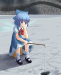  ankle_socks blue_eyes blue_hair bow box cirno dress fishing_line fishing_rod frozen_lake gin_fuaru grey_background hair_bow head_rest holding holding_fishing_rod ice_fishing looking_away mary_janes on_box ribbon shadow shoes short_hair sitting sitting_on_box smile solo touhou wings 