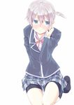  bike_shorts blazer blue_eyes blush crossdressing embarrassed hair_ornament hairclip highres hujikok jacket looking_away male_focus otoko_no_ko school_uniform side_ponytail silver_hair skirt solo sweatdrop totsuka_saika yahari_ore_no_seishun_lovecome_wa_machigatteiru. 