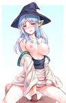  1girl animal_ears bad_id bad_pixiv_id blue_hair breasts circlet gradient gradient_background guided_penetration hat highres hiten_(hitenkei) holding long_hair magi_the_labyrinth_of_magic medium_breasts nipples off_shoulder open_mouth penis pubic_hair pussy_juice sash simple_background witch_hat yamuraiha 
