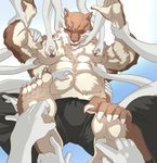  abs biceps big_muscles bleach blush bound brown_fur bulge canine claws clothing fangs foot_focus fur gripping holding looking_at_viewer male mammal muscles navel nipple_pinch nipples one_eye_closed open_mouth pants pecs pose restrained rybiok sajin_komamura saliva shinigami solo sweat tan_fur teeth tickling toe_claws toes tongue topless trousers wink wolf yellow_eyes 