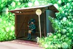  backpack bag bench blue_eyes blue_hair boots bus_stop cucumber fan food forest fruit gin_fuaru grass hair_bobbles hair_ornament hat kawashiro_nitori key looking_at_viewer nature one_eye_closed paper_fan rubber_boots short_hair sign sitting skirt skirt_set solo touhou two_side_up uchiwa watermelon 