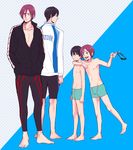  arm_around_shoulder barefoot black_hair blue_eyes child dual_persona free! full_body goggles male_focus male_swimwear matsuoka_rin multiple_boys nanase_haruka_(free!) open_mouth red_eyes red_hair smile swim_trunks swimwear younger 