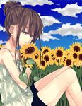  bad_id bad_pixiv_id bangs blouse brown_eyes brown_hair cloud day flower hair_bun looking_away looking_down minazuki_(0038) object_hug original short_hair sitting sky solo sunflower 