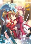  apron back-to-back breastplate brown_hair character_doll dragon fingerless_gloves gloves kirito lisbeth multiple_girls pina_(sao) pink_eyes pink_hair red_eyes short_hair short_twintails silica sword_art_online thighhighs tougo twintails 