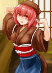  :p animal_ears arms_up blush breasts head_scarf japanese_clothes kimono medium_breasts mystia_lorelei obi okamisty pink_hair red_eyes sash short_hair smile solo tasuki tongue tongue_out touhou yamachan_(nicoseiga) 