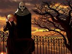  bad_id bad_tumblr_id black_dress black_sclera blonde_hair character_request copyright_request dress fence head_fins height_difference long_dress long_hair matsuda_yuusuke red_eyes skull tree 