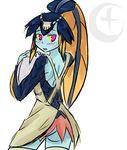  1girl absurdres apron artist_request ass bangs blue_eyes blue_skin female fins fish_girl hair_ornament minette_(skullgirls) monster_girl pink_eyes platter scales shell skullgirls solo tray waitress yellow_sclera 