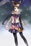  alternate_costume belt black_legwear blush breath brown_scarf buckle buttons contemporary contrapposto earmuffs fumi11gou highres long_sleeves looking_at_viewer pantyhose scarf shirt short_hair skirt snow solo standing touhou toyosatomimi_no_miko vest winter 