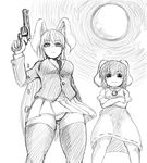  &gt;:3 2girls :3 animal_ears blazer breasts bullet bunny_ears bunny_tail carrot crossed_arms dress frown geno_(9999) gluteal_fold gun inaba_tewi jewelry long_hair looking_down monochrome moon multiple_girls necklace panties pantyshot pantyshot_(standing) pleated_skirt reisen_udongein_inaba short_hair skirt standing tail thighhighs thighs touhou underwear very_long_hair weapon white_background wind_lift 