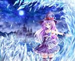  arch bad_id bad_nicoseiga_id blue_eyes bow building full_moon hat highres ice long_hair magic moon night original outstretched_arm purple_hair rin_yuu skirt skirt_set snowflakes solo thighhighs witch_hat wrist_cuffs zettai_ryouiki 