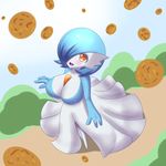  1girl alternate_color blue_hair bob_cut breasts cleavage cookie female food foreshortening gardevoir hair_over_one_eye jcdr large_breasts lucy_(jcdr) nintendo open_mouth orange_eyes pokemon shiny_pokemon short_hair smile solo 