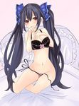  bad_id bad_pixiv_id bed black_bra black_hair black_panties blush bra breasts cleavage embarrassed hair_ornament lingerie long_hair looking_at_viewer medium_breasts mikan_no_shiru neptune_(series) noire open_mouth panties red_eyes solo twintails underwear underwear_only very_long_hair 