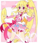  :d aida_mana bike_shorts blonde_hair bow clenched_hands cure_heart detached_sleeves dokidoki!_precure hair_ornament heart heart_hair_ornament long_hair md5_mismatch open_mouth pink_bow pink_eyes pink_sleeves precure smile solo wara_(warapro) 