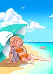  ahoge bad_id bad_pixiv_id bare_legs bare_shoulders barefoot beach bird blonde_hair blush bunny closed_eyes cloud collarbone day futaba_anzu idolmaster idolmaster_cinderella_girls long_hair low_twintails navel off_shoulder open_mouth outdoors random_(ningen_modoki) short_sleeves sitting sky solo stuffed_animal stuffed_toy swimsuit twintails umbrella very_long_hair 