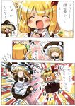  &gt;_&lt; blonde_hair blush braid closed_eyes comic danmaku fang kirisame_marisa multiple_girls rumia short_hair side_braid sparkle star touhou translation_request vu_(oyavun) 