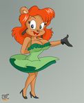  bear big_breasts breasts cleavage clothed clothing dress ear_piercing female gloves hair high_heels julie_bruin lipstick long_hair looking_at_viewer mammal orange_hair piercing plain_background solo standing tiny_toon_adventures warner_brothers 