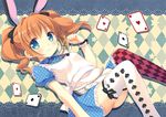  :3 animal_ears apron argyle argyle_background asymmetrical_legwear blue_dress blue_eyes blush bunny_ears card dress dressy_alice heart idolmaster idolmaster_(classic) idolmaster_2 key letterboxed looking_at_viewer orange_hair polka_dot polka_dot_dress print_legwear puffy_short_sleeves puffy_sleeves short_hair short_sleeves short_twintails simple_background smile solo spade_(shape) suimya takatsuki_yayoi thighhighs twintails 