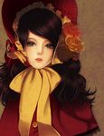  black_hair blue_eyes bonnet bow buttons coat doll flower kotetu_han lips long_hair original overcoat solo 