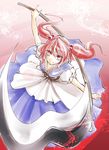  dress flower from_above hair_bobbles hair_ornament highres kakao_(noise-111) onozuka_komachi puffy_sleeves red_eyes red_hair scythe short_sleeves smile spider_lily touhou two_side_up 