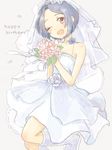  blue_hair bouquet dress flower happy_birthday idolmaster idolmaster_(classic) mcyu miura_azusa one_eye_closed purple_eyes short_hair smile solo veil wedding_dress 