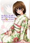  blue_eyes brown_hair diesel-turbo hair_ornament japanese_clothes kimono lyrical_nanoha short_hair solo x_hair_ornament yagami_hayate 