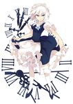  apron bat blue_dress blue_eyes braid clock dress hair_ribbon high_heels izayoi_sakuya knife looking_at_viewer maid puffy_sleeves rain_lan ribbon shirt shoes short_sleeves silver_hair solo touhou twin_braids waist_apron 