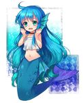  aqua_hair blue_hair choker gradient_hair green_eyes head_fins long_hair madou_monogatari mermaid midriff monster_girl multicolored_hair navel noma_(kifyz23) puyopuyo seriri_(puyopuyo) solo tears very_long_hair 