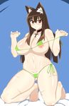  1girl areolae arunim bikini breasts brown_hair cameltoe choker coker cross dungeon_and_fighter female green_bikini highres huge_breasts izunan kneeling long_hair micro_bikini navel nipple_slip nipples red_eyes scar solo string_bikini swimsuit 