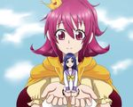  aida_mana alternate_costume blue_sky cape cloud crown cupping_hands day dokidoki!_precure hishikawa_rikka kneeling minigirl multiple_girls pink_eyes pink_hair precure prince school_uniform short_hair sky smile yakari1017 