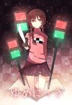  braid brown_eyes brown_hair copyright_name cuivre knife long_hair looking_at_viewer madotsuki pink_shirt purple_skirt shirt skirt smile solo traffic_light twin_braids yume_nikki 