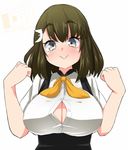  :&gt; breasts brown_eyes brown_hair button_gap cleavage dated gatchaman_crowds ichinose_hajime inaka_keikou large_breasts open_clothes short_hair signature simple_background solo white_background 