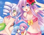  4girls ass beach bikini black_sister blue_eyes blue_hair bow breasts choujigen_game_neptune cleavage everyone flower green_eyes group hair_flower hair_ornament highres hyperdimension_neptunia innertube long_hair multiple_girls nepgear neptune_(series) ocean pink_hair purple_sister ram ram_(choujigen_game_neptune) red_eyes ribbon ribbons rom rom_(choujigen_game_neptune) short_hair siblings swimsuit symbol-shaped_pupils twins uni uni_(choujigen_game_neptune) water white_hair white_sister_ram white_sister_rom wink 