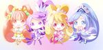  aida_mana blonde_hair blue_bow blue_eyes blue_hair blush bow chibi choker cure_diamond cure_heart cure_rosetta cure_sword dokidoki!_precure green_choker hishikawa_rikka kenzaki_makoto multiple_girls orange_eyes orange_hair pink_bow pink_eyes pink_sleeves precure purple_choker purple_eyes purple_hair purple_skirt sakurai_toma skirt yotsuba_alice 