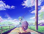  :p bare_legs blue_eyes blue_hair cloud day fence geta grass hasebe_yuusaku heterochromia karakasa_obake landscape looking_at_viewer outdoors power_lines puddle railing red_eyes road sandals short_hair sky solo tatara_kogasa telephone_pole tongue tongue_out touhou umbrella vanishing_point 