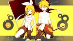  1girl bad_id bad_pixiv_id bandages blonde_hair brother_and_sister closed_eyes dusk_(yuna2439) flag green_eyes grin hair_ornament hair_ribbon hairclip highres kagamine_len kagamine_rin kneeling leg_warmers navel open_mouth ribbon sarashi short_hair shorts siblings smile twins vocaloid yellow_background 