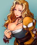  blonde_hair blue_eyes breasts cleavage dragon's_dogma jewelry large_breasts lipstick madeleine_(dragon's_dogma) makeup necklace non-web_source solo yakibuta_(shimapow) 