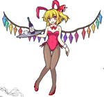  alcohol animal_ears blonde_hair bottle bow bowtie breasts bunny_ears bunny_girl bunnysuit crystal cup detached_collar fishnet_pantyhose fishnets flandre_scarlet high_heels isaki_(gomi) no_hat no_headwear open_mouth pantyhose red_eyes shoes short_hair side_ponytail small_breasts smile solo touhou tray wine wings wrist_cuffs 