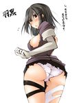  ass black_hair blush breasts brown_eyes from_behind gloves haguro_(kantai_collection) hair_ornament kaminagi_(kaminagi-tei) kantai_collection large_breasts looking_back looking_down open_mouth panties short_hair solo sweatdrop thighhighs torn_clothes torn_legwear translated underwear white_gloves 