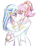  aida_mana arms_around_waist blue_eyes blue_hair blush braid colored_pencil_(medium) couple dokidoki!_precure eye_contact glasses half_updo hikari_(mitsu_honey) hishikawa_rikka hug long_hair looking_at_another md5_mismatch multiple_girls oogai_daiichi_middle_school_uniform pink_eyes pink_hair precure profile purple_sailor_collar sailor_collar school_uniform short_hair shy sketch smile traditional_media yuri 