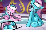  aloe_(mlp) anus blue_eyes blue_fur blue_hair breasts butt cutie_mark duo equine female feral friendship_is_magic fur hair headband horse killryde licking licking_lips looking_back lotus_(mlp) mammal my_little_pony nipples pink_fur pink_hair pony pussy resting_breasts sibling sisters teats tongue twins water 