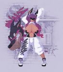  2018 adidas anthro baggy_clothing big_breasts black_nose breasts canine clothed clothing detailed_background doberman dog female fishnet graffiti hair hairband hi_res hoodie huge_breasts long_hair mammal midriff navel nipple_tape pants pasties purple_hair raised_clothing raised_shirt smutbunny sneakers solo spikes standing tape wide_stance 