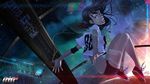  88_(mike_nesbitt) black_hair colorful deviantart_sample dog_tags earphones elbow_pads floating foreshortening image_sample jersey knees_up long_hair looking_at_viewer midriff mike_nesbitt original planet reflection shorts solo space star sunset zero_gravity 