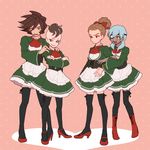  bad_id bad_pixiv_id black_legwear boots bow brown_hair crossdressing dark_skin dark_skinned_male dress eyepatch fudou_akio full_body genda_koujirou grin hair_bow hairlocs high_heels inazuma_eleven inazuma_eleven_(series) kidou_yuuto long_hair male_focus mohawk multiple_boys otoko_no_ko sakuma_jirou shoes silver_hair smile sweat thighhighs 