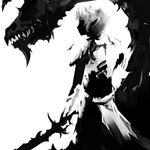  armor copyright_request dragon elf from_behind greyscale monochrome pointy_ears short_hair silhouette simple_background solo standing standing_on_liquid sword weapon white_background wistar!a 